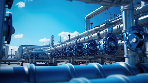 dynamic force of industrial pipelines and valves with a vivid frontview image against a blurred blue sky background emphasizing the prowess of manufacturing and technological progress