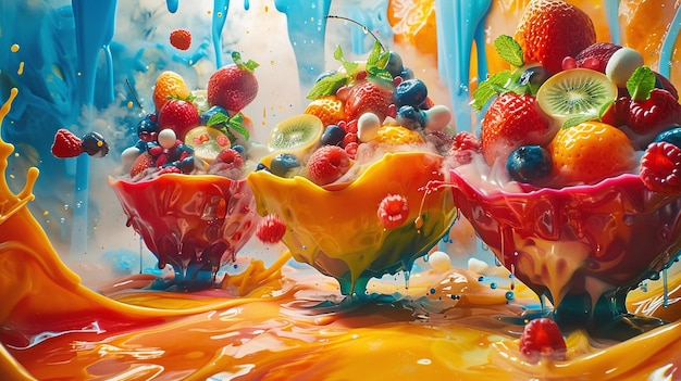 Dynamic Fruit Explosion with Colorful Paint Splatter