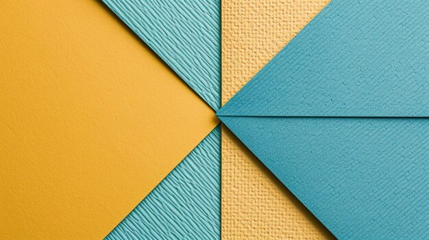 Dynamic geometric paper backdrop with tones of turquoise and yellow top view generative ai