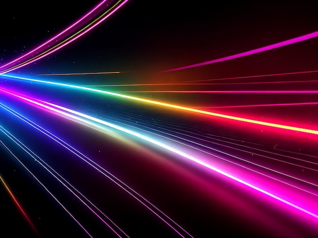 Dynamic glowing line beams colorful glow light trail with particles background