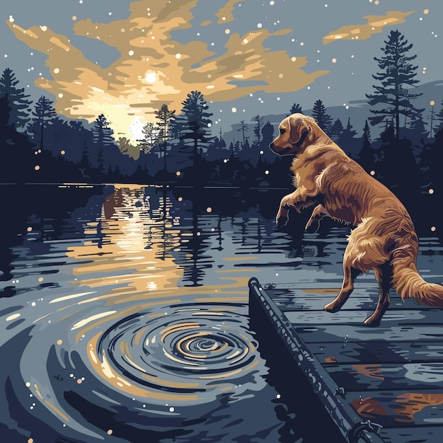 A dynamic graphic of a dog jumping off a dock into a lake with ripples forming in the water and tre