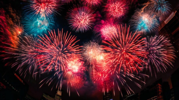 A dynamic and harmonious fireworks display forming captivating shapes and patterns in the night sky