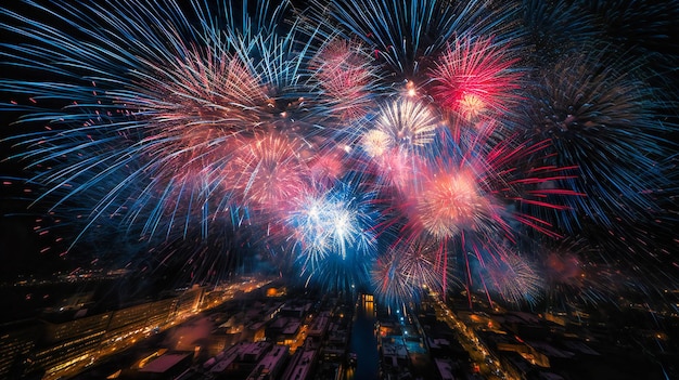 A dynamic and harmonious fireworks display forming captivating shapes and patterns in the night sky