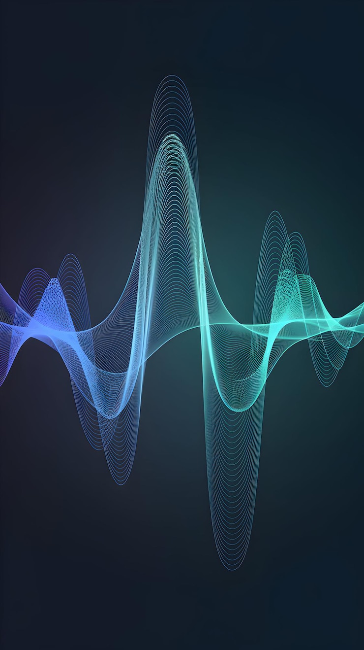 Photo dynamic illuminated blue teal waveform against dark background evoking sound energy mobile wallpap