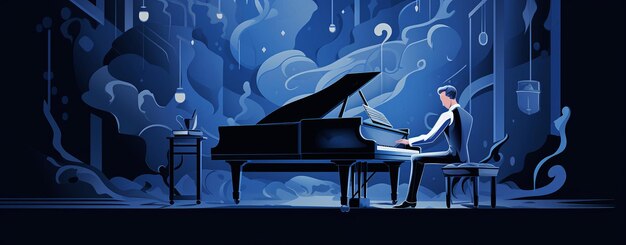 Dynamic illustration in blue of the composer at the piano