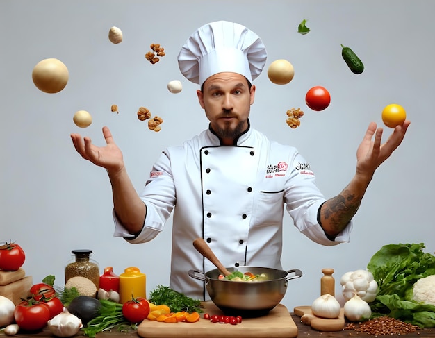 A dynamic illustration of a chef juggling various ingredients to create a masterpiece dish