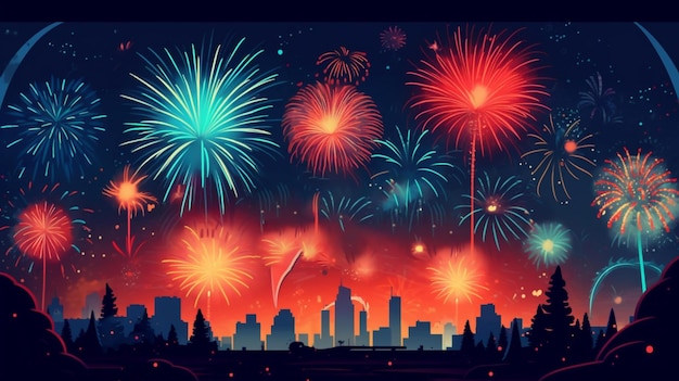 A dynamic illustration depicting vibrant fireworks Happy Independence Day AIGenerated