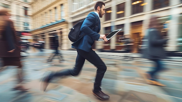 Foto immagine dinamica di un uomo d'affari che si precipita per la strada di una città un professionista in movimento che si affretta a lavorare in un ambiente urbano lo stile di vita veloce rappresentato dall'ia