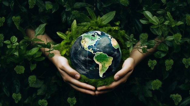 A dynamic imagery illustrative of clasped hands gripping a world featuring abundant foliage conveying the requirement for international ecopreservation ventures