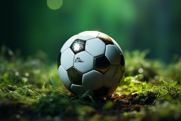 Dynamic imagery soccer ball on vibrant green pitch ready for thrilling action