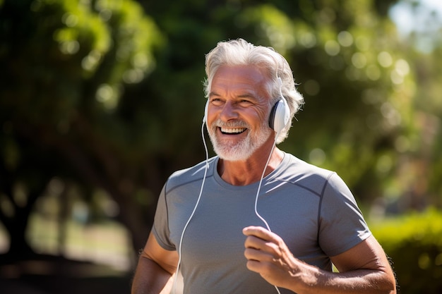 A dynamic and inspiring image of a senior man engaged in an outdoor run in a park