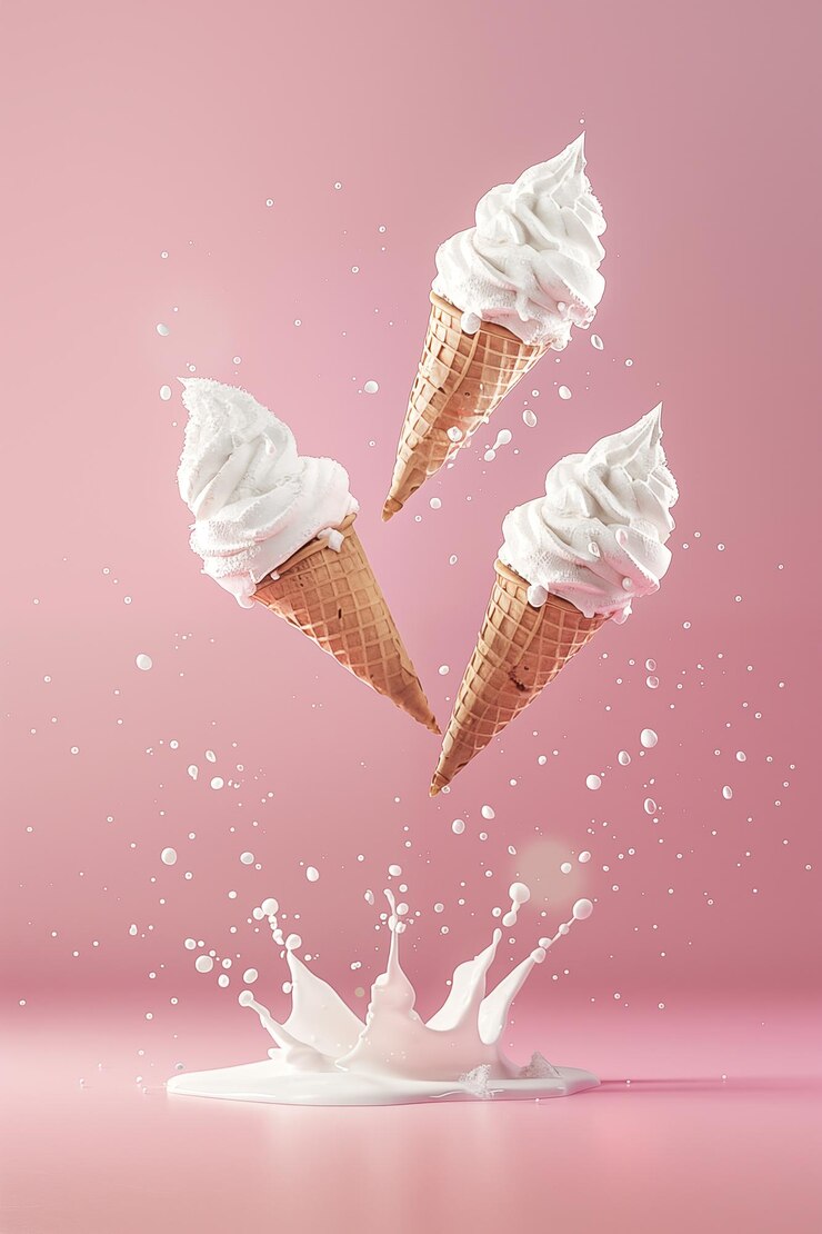 Dynamic levitating ice cream cones with splashing milk and flying sprinkles on pink background