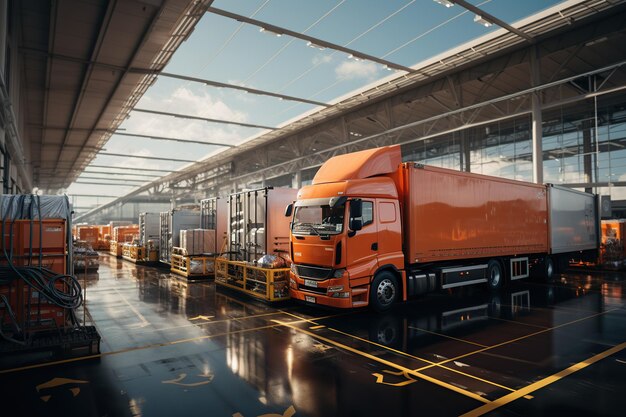 Photo dynamic logistics hub trucks loading goods moving through warehouses workers orchestrating generated with ai