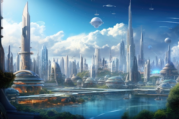 A dynamic and modern metropolis showcasing a futuristic cityscape with an array of towering highrise buildings A futuristic city skyline full of skyscrapers and flying cars AI Generated