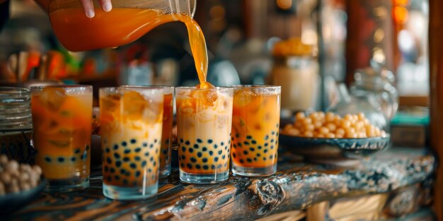 Photo the dynamic moment of milk tea being poured over tapioca creating splashes and capturing the movement