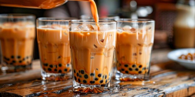 The dynamic moment of milk tea being poured over tapioca creating splashes and capturing the movement