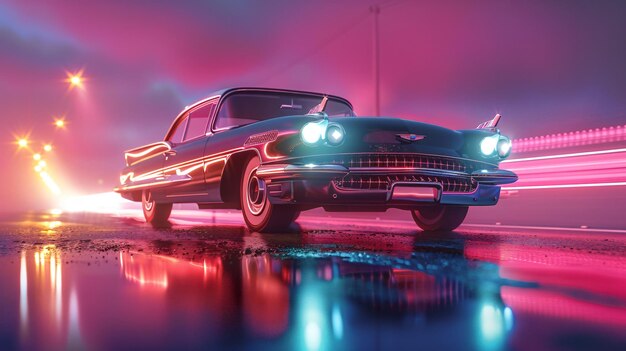 Photo dynamic motion backdrop with a neonlit car
