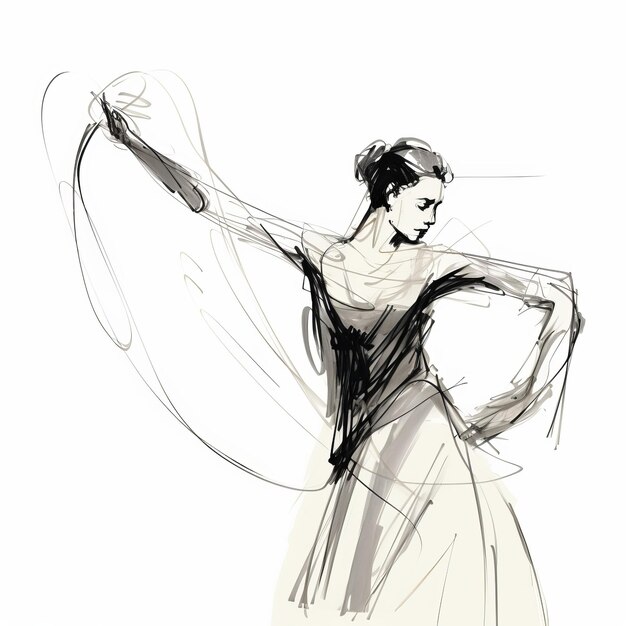 白いドレスを着た女性のダイナミックモーション手描きスケッチ