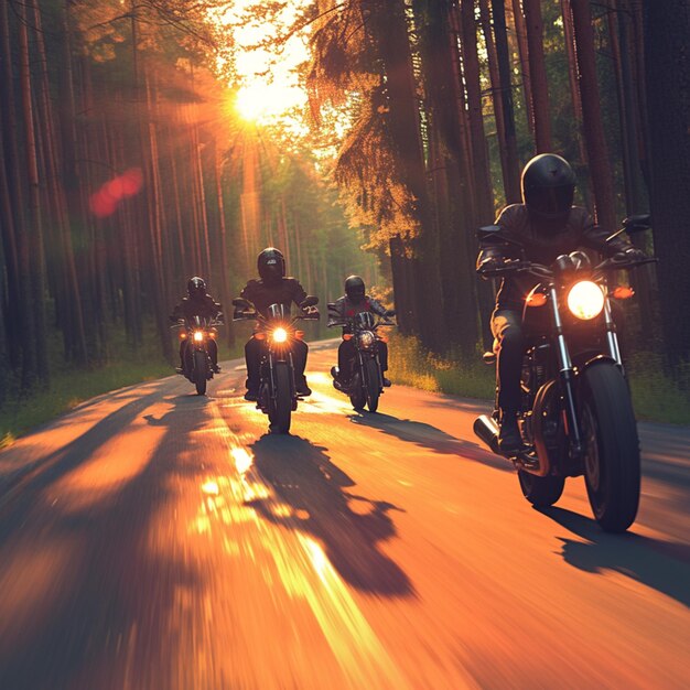 Photo dynamic motorcycle squad speeds along a forested road creating excitement for social media post siz