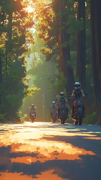 Photo dynamic motorcycle squad speeds along a forested road creating excitement vertical mobile wallpaper