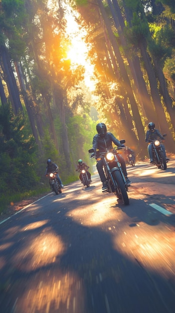 Photo dynamic motorcycle squad speeds along a forested road creating excitement vertical mobile wallpaper
