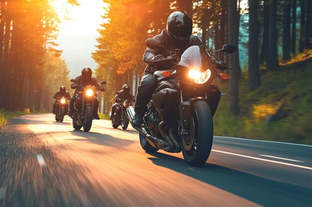 Dynamic motorcycle squad speeds along a forested road creating excitement