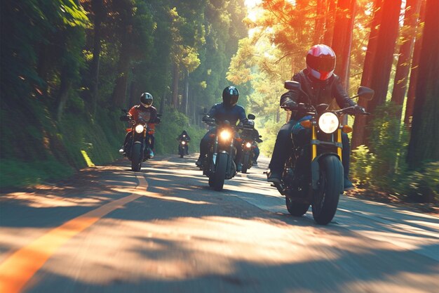 Photo dynamic motorcycle squad speeds along a forested road creating excitement