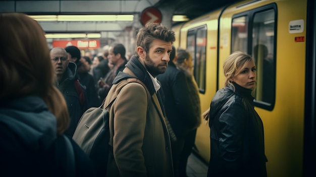 Foto movimento dinamico di persone che entrano o escono da un treno, un autobus o un tram che navigano tra la folla