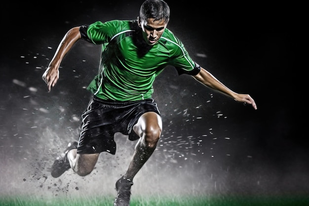 Dynamic Night Footballer in Green Uniform Running Epicly on Black Background Advertising Campaign