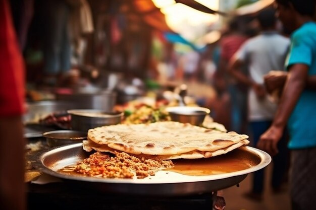 A dynamic overhead shot of masala dosa being served at a bustling restaurant