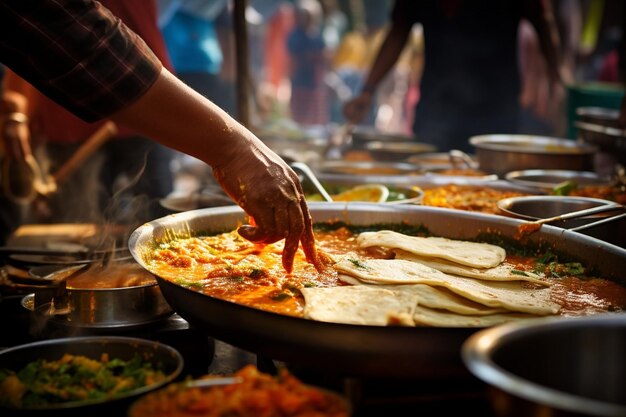 A dynamic overhead shot of masala dosa being served on a bustling street