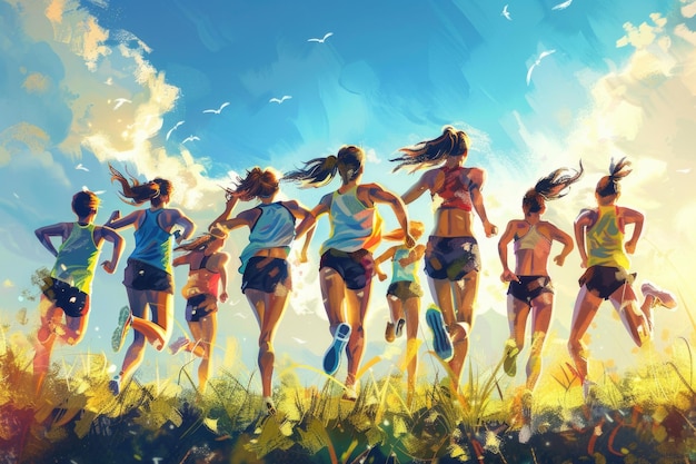 A dynamic painting capturing a group of people running Ideal for sports or fitnessrelated designs