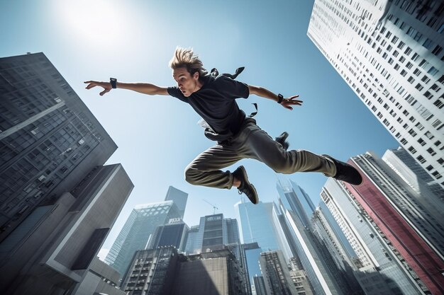 Dynamic parkour action captured in midair