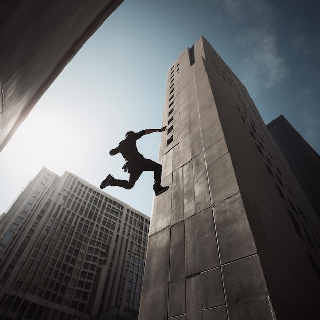 Dynamic parkour action captured in midair