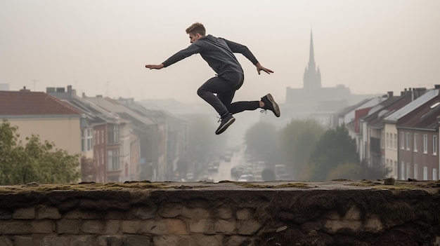 Dynamic parkour action captured in midair