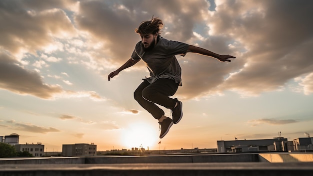Dynamic parkour action captured in midair