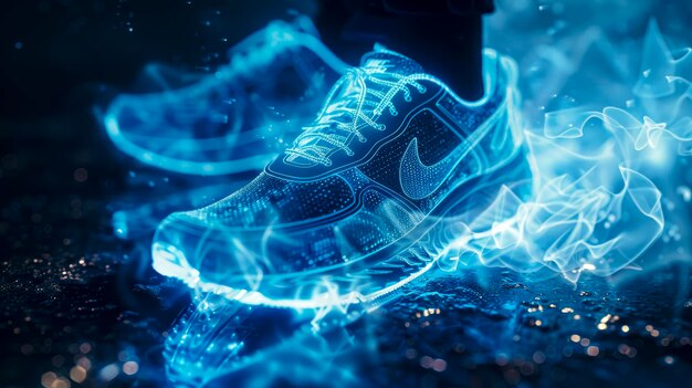 Photo dynamic particlebased sneaker dissolution glowing translucent fluorescence in cyan and sky blue front view with optical flares and brilliant light effect