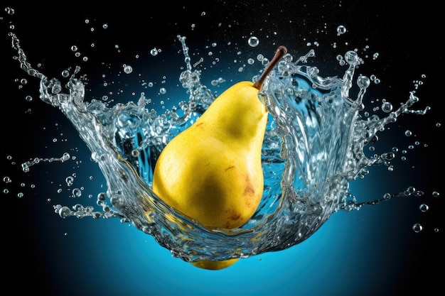 Dynamic Pear Splash Peer op een donkere achtergrond met watergenererende AI