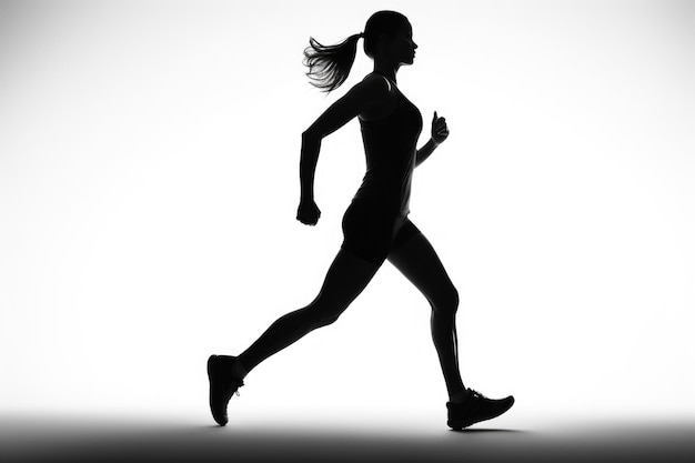 Photo a dynamic photo capturing the movement of a woman running shot in classic black and white woman runner in silhouette on white background dynamic movement ai generated