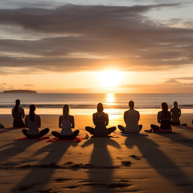 Photo a dynamic photo of a group of people practicing yoga on a beach at sunset