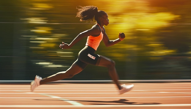 a dynamic photo of a young Black female athlete running on a track field