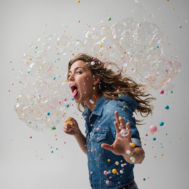 A dynamic photograph of a person popping a bubble with their gum captured in highspeed motion agai