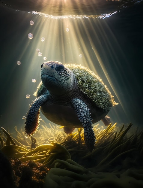 Dynamic photography of the cutest Tortoise underwater Generative AI