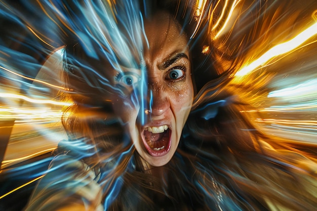 Фото Динамический портрет женщины с интенсивным выражением лица и стрелочными огнями высокоэнергетические эмоции и