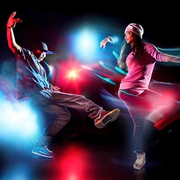 Dynamic portrait of young man and woman dancing hiphop isolated over black background with mixed lights effect