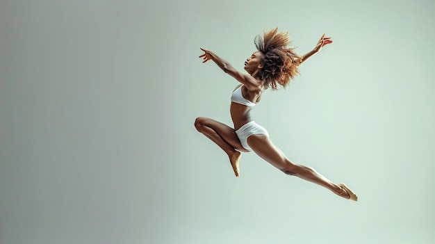 Photo dynamic poses energetic model in white bikini jumping high