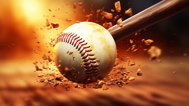 Dynamic and powerful baseball bat impact hitting baseball in action with intense energy and force