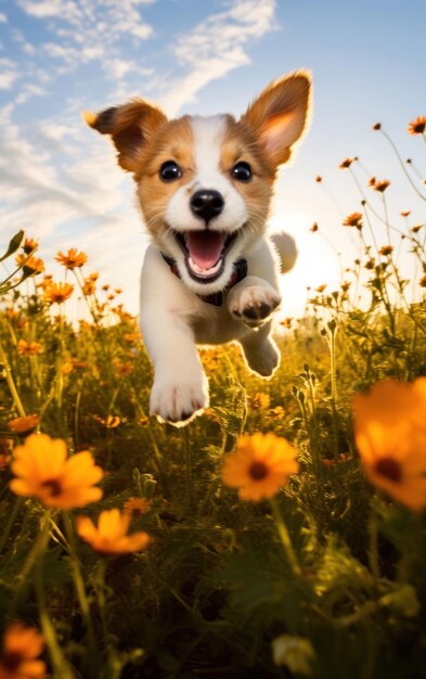 Dynamic pup in action amidst a wildflower field