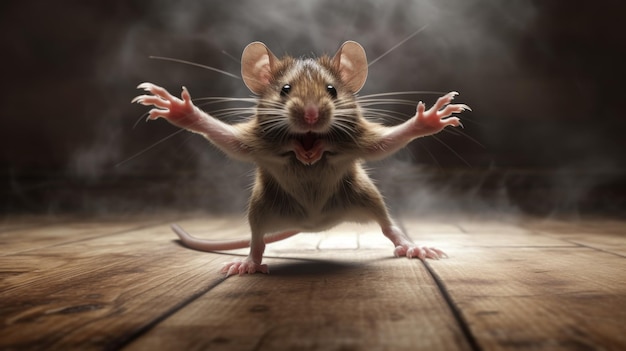 Dynamic Rat Jumping On Wood Floor A Tenebrism Masterpiece