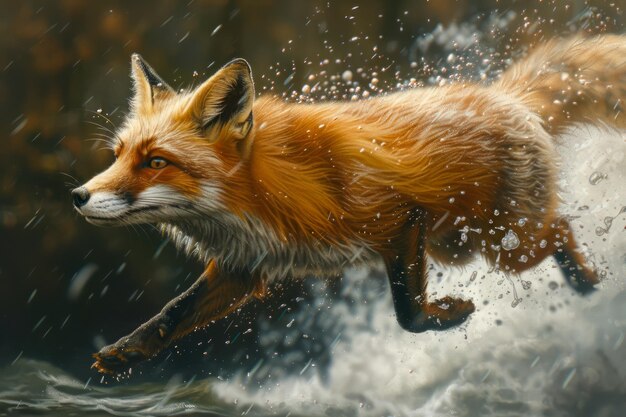 Dynamic Red Fox Dashing Through Water Splashes in Natural Habitat Artistic Wildlife Portrait